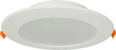 A white recessed LED ceiling light with orange clips on the side.