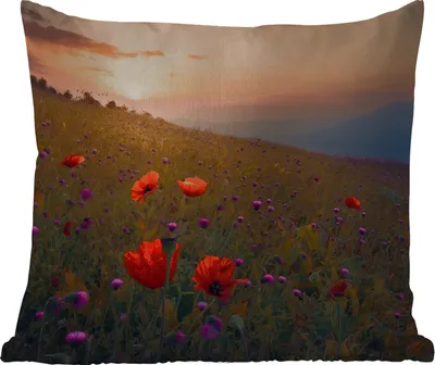 Produktbild von MuchoWow® Outdoor Kissen - Blumenfeld - Gras - Pflanzen - Sonnenuntergang - Orange - 40x40 cm - Wetterfest - Lounge Kissen - Kopfkissen - Interieur - Polster mit Bild