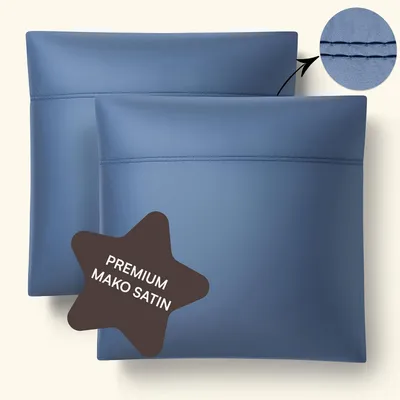 Produktbild von Satin-Kissenbezüge, 80 x 80 cm, Baumwolle, Set aus 2 Stück, mit blauer Stickerei. Kopfkissenbezüge, 80 x 80 cm, Set aus 2, Baumwolle. Kissenbezüge, 80 x 80 cm