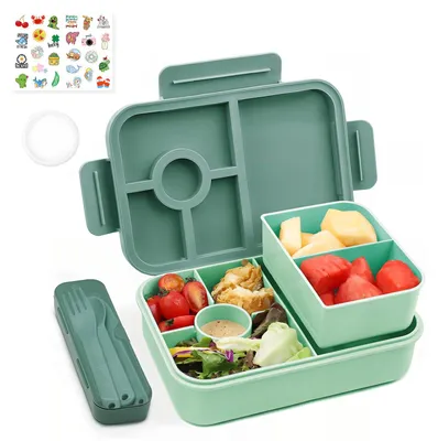 Produktbild von Kinder-Lunchbox mit Fächern, 1300 ml, auslaufsichere Lunchbox mit 5 Fächern, Bento-Box mit Fächern für Erwachsene, Frühstücks-/Snackbox für Jungen und Mädchen, dunkelgrün