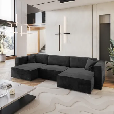 Produktbild von Masseno Ecksofa SARMO M mit Schlaffunktion U-Form, Sofa mit Bettkasten, Wohnzimmersofa, Couch, Soffa, Bettsofa, Couchgarnitur- Schwarz, MONOLITH 95