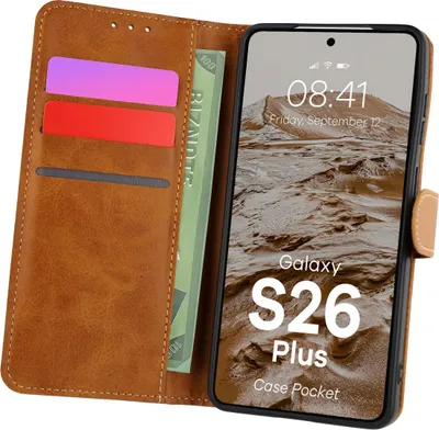 Produktbild von Handyhülle mit Klappe für Galaxy S26 Plus, Bizon Case Pocket, Braun