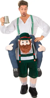 A man wearing a novelty costume that makes it look like a Bavarian man is riding on his back.