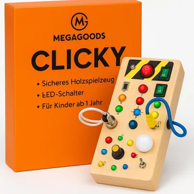 Produktbild von Montessori Busy Board Holzspielzeug mit LED Schaltern für Kinder DE.