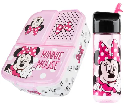 Produktbild von Disney Minnie Mouse Brotdose Kinder mit Fächern und Trinkflasche für Schule und Ausflüge (Rosa)