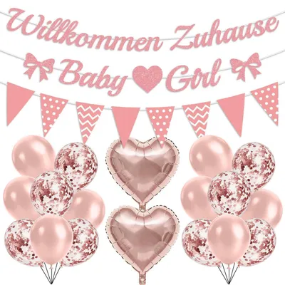 Productafbeelding van Welkomstdecoratieset roze: banner, hartvormige ballonnen, 18 stuks