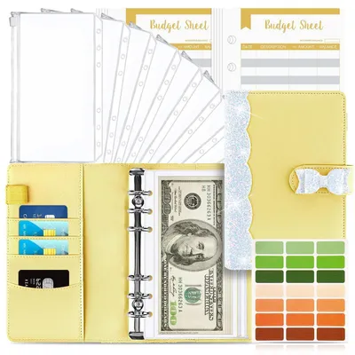 Image de Classeur de budget A6 avec pochettes pour l'argent, motif papillon, couleur jaune, aspect cuir, comprenant 12 pochettes