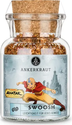 A glass jar of spice blend with a cork lid, featuring an illustration of Aang from Avatar: The Last Airbender.