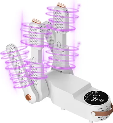 A white electric shoe dryer with adjustable arms and a digital display, shown with purple light effects indicating its function.
