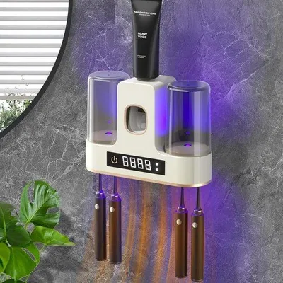 Obrázek produktu pro Elektrická zubní kartáčka s držákem na zubní kartáčky – 4 držáky na kartáčky – 2 magnetické kelímky – montáž na zeď – bílá