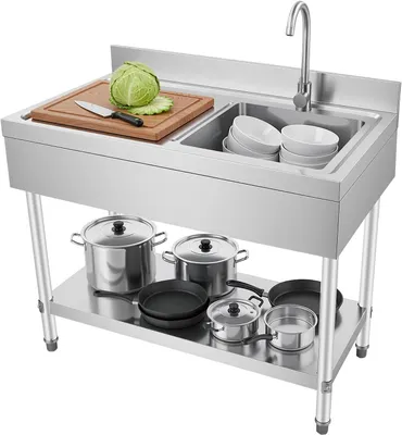 Produktbild von Freistehende Spültisch Küchenspüle aus Edelstahl 100x60x80cm mit Unterschrank und 360° Wasserhahn, rechtes Becken, geeignet für Camping, Garten, Küche und Restaurant im Freien