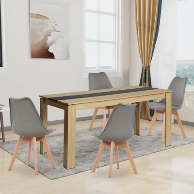 Image de Ensemble de salle à manger comprenant une table rectangulaire en chêne et noir, avec 4 chaises, dimensions : 160 x 80 cm, couleur : gris