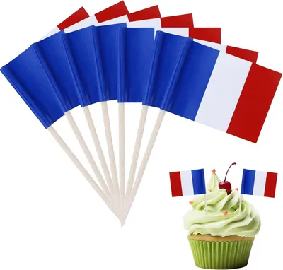 Imagen del producto de Palillos de dientes con bandera francesa - Palillos decorativos - Palillos de cóctel de madera con bandera - Ideales para pasteles, galletas, magdalenas, helados y frutas - 120 unidades