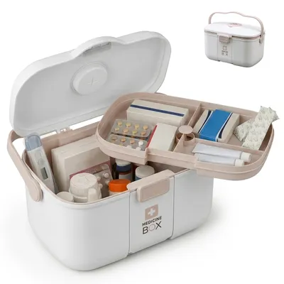 Produktbild von Relaxdays Medizinbox, 4 Fächer, Pillenfach, entnehmbarer Einsatz, Hausapotheke, Kunststoff, HxBxT: 17 x 28 x 18 cm, weiß