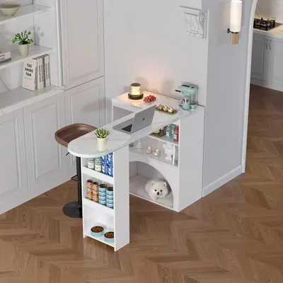 Image de MODFU Table Haute Modulable pour Cuisine, Table De Bar avec Rangements en MDF - 120(+80)x40x100 cm - Blanc