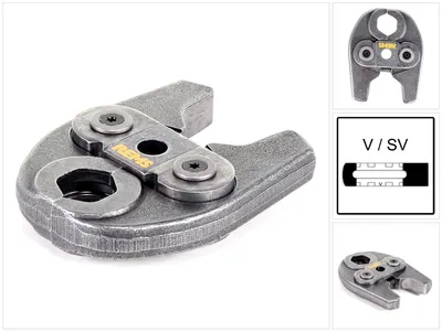 A close-up view of a metal tool with a yellow brand name. There are also smaller inset images showing the tool from different angles and a diagram.