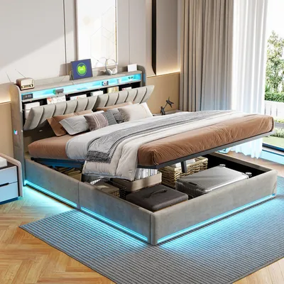 Produktbild von SUNFECILI Polsterbett 140x200 cm,Boxspringbett 140x200,mit Lattenrost,Weicher Rückenlehne und Kopfteil,USB,LED,Doppelbett,Jugendbett, Samt Stoff,Grau