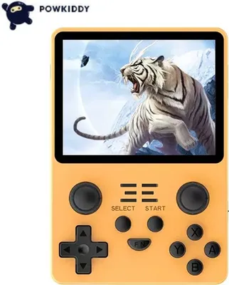 Produktbild von Powkiddy RGB20S Tragbare Handheld-Spielekonsole, 3,5-Zoll-IPS-Bildschirm mit 16 GB Systemkarte + 64 GB Spielkarte (15.000+ Spiele), 3,5-mm-Kopfhöreranschluss, Orange