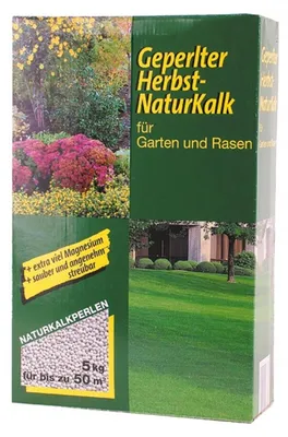 Produktbild von Geperlter Herbst Naturkalk 5 kg – hochwertiger Gartenkalk mit 80 % Calciumcarbonat und 10 % Magnesium, sauber streubar, für bis zu 50 m² Rasen- und Gartenpflege