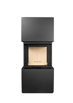 A black modern fireplace on a white background.