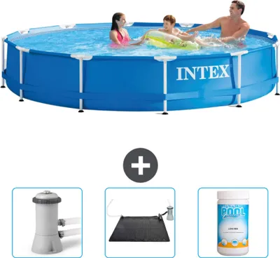Produktbild von Intex-Schwimmbecken mit rundem Rahmen – 366 x 76 cm – Blau – im Lieferumfang enthalten Filterpumpe für Schwimmbad - Solarmatte - Chlor