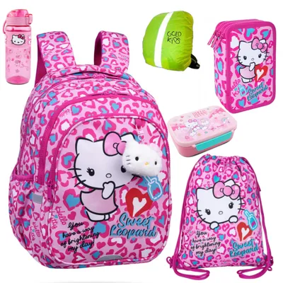Produktbild von Schulranzen für Jungen und Mädchen, 6er-Set - Schul-Rucksack für Kinder mit Federmäppchen - Schuhbeutel und Regenschutz- Hello Kitty Motiv