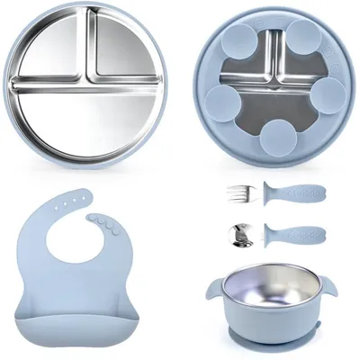 Produktbild von Edelstahl Kinder-Teller 5 Stück – Kinderbesteckset – Baby-Teller mit Saugnapf – Geburtstagsgeschenk für Babys – Taufgeschenk – BPA-frei – Blau