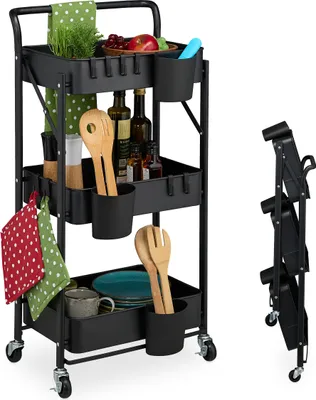 Image de Chariot Relaxdays, 3 étages, chariot de service, chariot de cuisine, de salle de bain et de bureau, étagère à roulettes, L x l x H : 89 x 44,5 x 29 cm, chariot de bricolage, noir