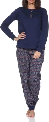 Produktbild von Normann Damen langarm Schlafanzug mit Bündchen im Ethnolook – Pyjama auch in Übergrößen ; marine , 48