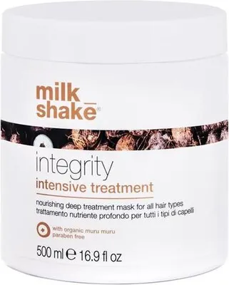 A white tub of Milk_Shake Integrity Intensive Treatment hair mask.