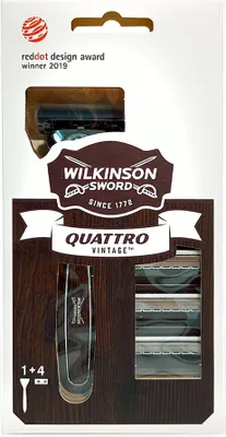 The image shows the packaging of a Wilkinson Sword Quattro Vintage razor with four replacement blades.