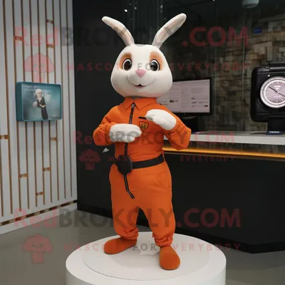 Produktbild von Oranger REDBROKOLY Hase Maskottchen Kostüm charakter bekleidet mit einem Etuikleid und Smartwatches