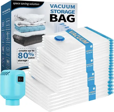 Productafbeelding van Stofzuigzakken voor kleding en dekbed met elektrische pomp - Set van 20 - 5xl+5l+5m+5s - Herbruikbaar - Beddengoed