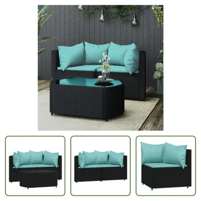 Produktbild von The Living Store 3-tlg. Garten-Lounge-Set mit Kissen Schwarz Poly Rattan