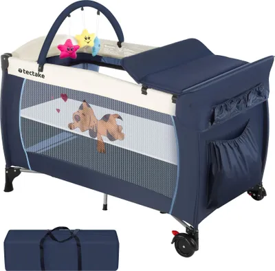 Image de Lit parapluie, Lit bébé pliant, Lit de voyage réglable 132x75x104cm + 1 Sac de Rangement - bleu