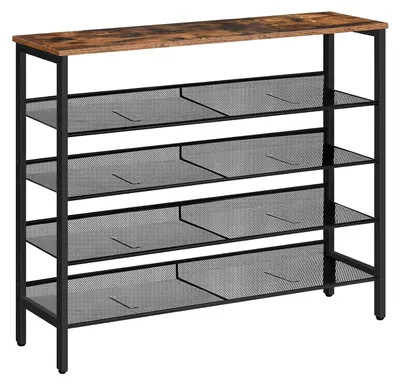 Image de TRANKIELO® - Étagère à chaussures à 5 niveaux – Structure métallique réglable et robuste – Pour 16 à 20 paires de chaussures – Style vintage, couleur marron et noir