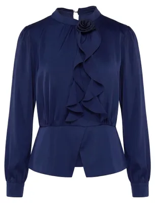 Produktbild von Bluse für Frauen, blau, Größe S, mit Stehkragen und zarten Rüschen