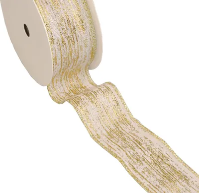 Produktbild von Weihnachtsband "Streifen" mit Drahtkante - 40mm - 10m - col. 02 Natur-Gold - 67800-40-10-02