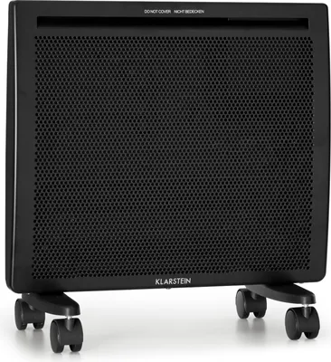 A black electric heater with wheels is shown from the front on a white background.
