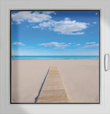 Produktbild von Wallario Lichtschutzbild, Dekorativer Sichtschutz Sonnenschutz 96 x 100 cm mit Motiv: Auf dem Holzweg zum blauen Meer - Verdunklung ohne Bohren