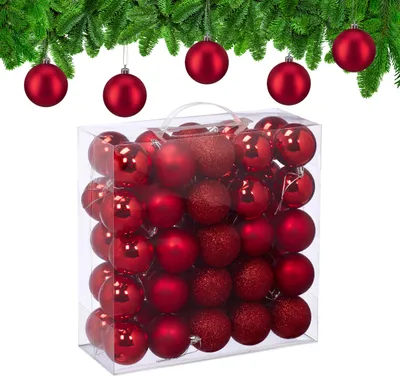Produktbild von Relaxdays Weihnachtskugeln im 50er Set, Kunststoff, D: 6 cm, runde Weihnachtsbaumdeko, Baumschmuck bruchsicher, rot
