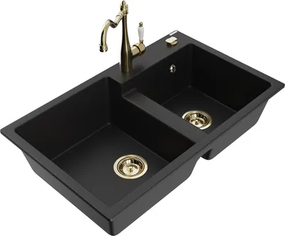 Produktbild von Mexen Tomas 2-Becken-Granitspüle mit Mischbatterie Carla, Schwarz - 6516-77-670700-50