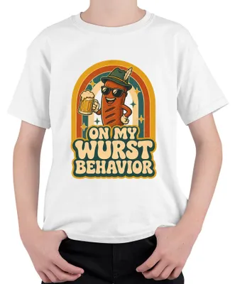 Imagen del producto de Camiseta para niños, diseño "Oktoberfest", con motivos de cerveza, salchicha (bratwurst), pantalones de cuero (lederhosen) y vestido tradicional (dirndl), color blanco, talla 128
