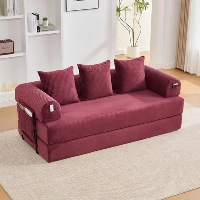 Obrázek produktu pro MODFU Kompresní rozkládací postel s bočními kapsami, klapací rozkládací postel s třemi měkkými polštáři, Rozkládací postel lounge-sofa s robustním kovovým rámem, vínově červená
