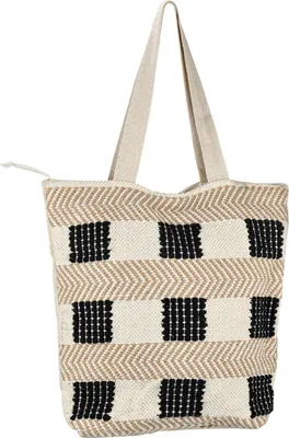 Zdjęcie produktu dla Torba boho Marrakech dla kobiet i dziewcząt 43 cm | Ręcznie robiona torba plażowa wykonana z bawełny Kalpur -2- z zamkiem błyskawicznym i wewnętrzną kieszenią | Etniczna shopperka w szydełkowy wzór na co dzień, wakacje i plażę