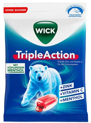 Obrázek produktu pro WICK Triple Action pastilky proti kašli bez cukru s mentolem 72g