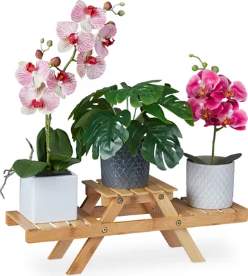 Produktbild von Relaxdays Blumentreppe, mit 3 Ablagen, für die Fensterbank, aus Bambus, Pflanzenregal, HBT: 17 x 51,5 x 15 cm, natur