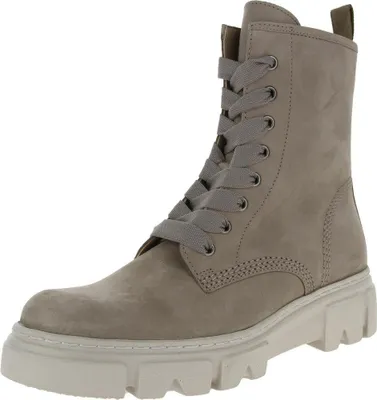A single beige lace-up boot is shown against a white background.