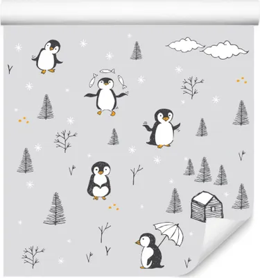 Produktbild von 10m VLIES TAPETE Rolle Kinderzimmer Pinguine Schnee Fische Bäume XXL