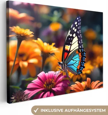 Produktbild von MuchoWow® - Leinwandbilder - Schmetterling - Tier - Bunt - Blumen - Natur, Wandbild, Wanddeko Bilder Wohnzimmer, 120x90 cm
